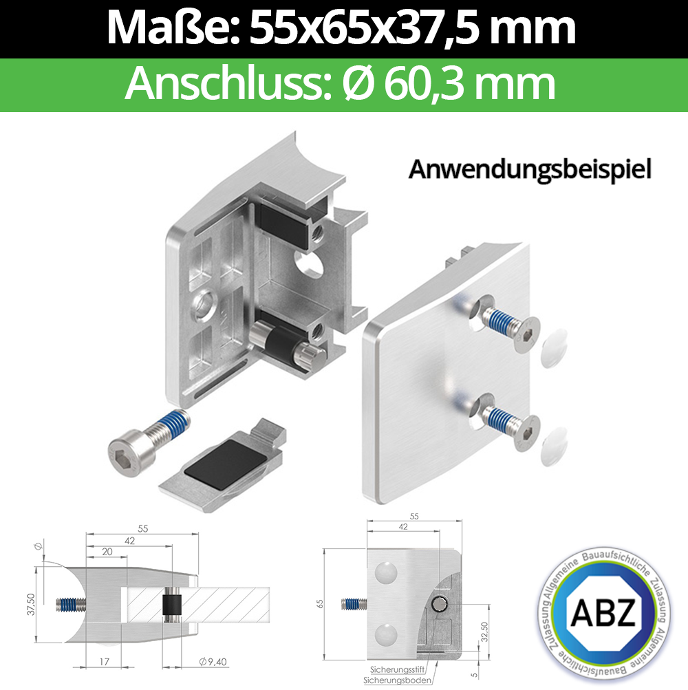 Glasklemme AbZ 55x65x37-5 mm  Ø 60-3 mm- fuer 9-52 mm VSG Glas- Nein - Ohne Sicherungsstift- Nein - Ohne Sicherungsboden-10-MODELL35-60-9-1.1
