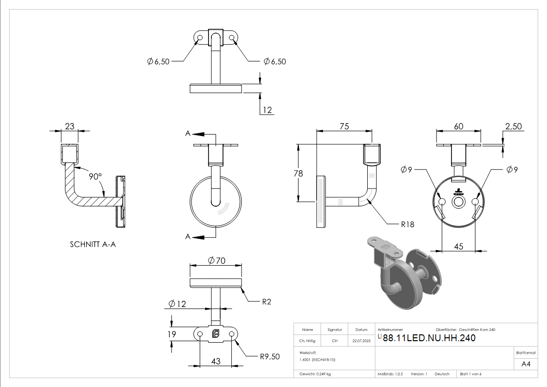 Handlaufhalter fuer LED Handlauf  -Ronde und Buegel verschweisst- V2A-88-11LED-NU-HH.240