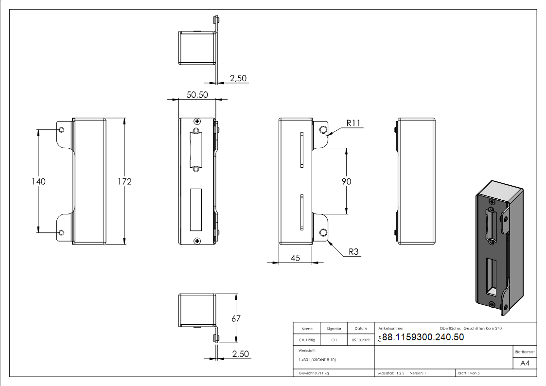 Edelstahlgegenkasten V2A fuer Abstand 72 mm- 50 mm- zum Anschweissen-88-1159300-240.50