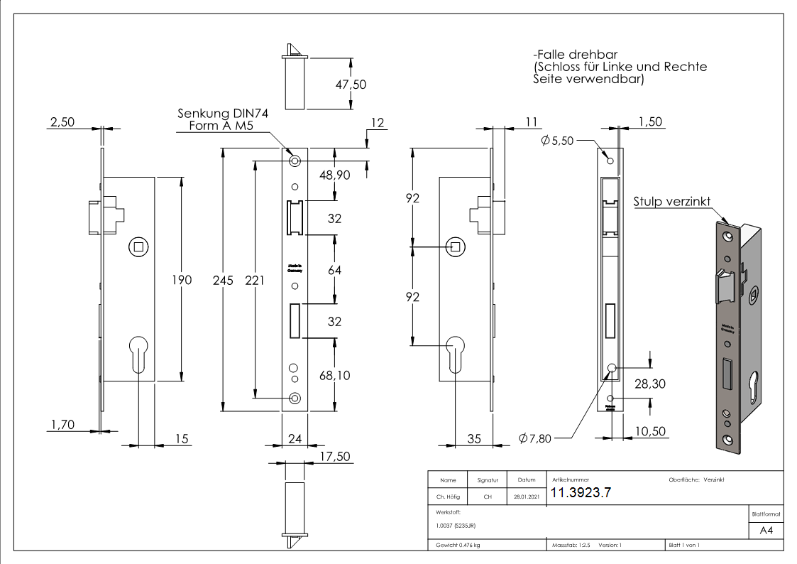Rohrprofilschloss - Dornmass- 35 mm - Stahl -verzinkt- S235JR-11-3923.7