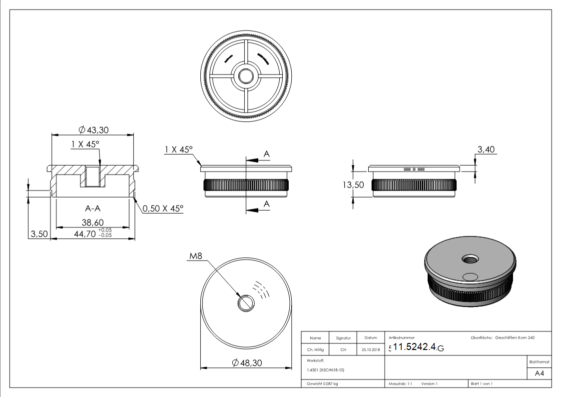 Rohrstopfen fuer Ø 48-3x2-0 mm flach mit M8 zum Einschlagen V2A-11-5242.4