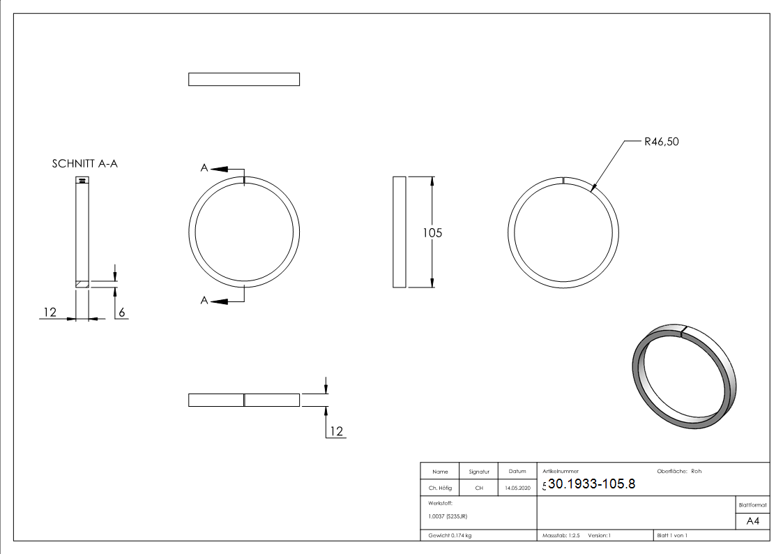 Ring - Material- 12x6 mm - Aussen-Ø 105 mm - Stahl S235JR- roh-30-1933-105.8