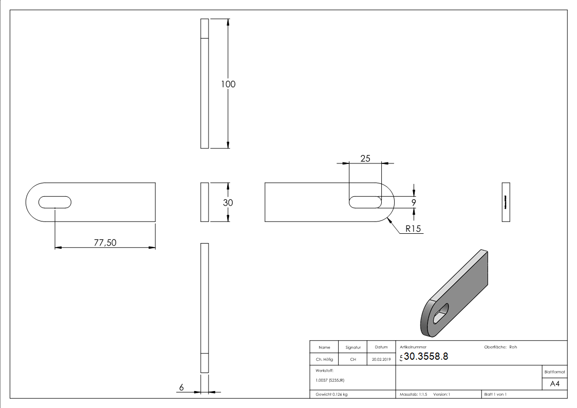 Anschweisslasche - Masse- 100x30x6 mm - Langloch- 25x9 mm - Stahl -roh- S235JR-30-3558.8