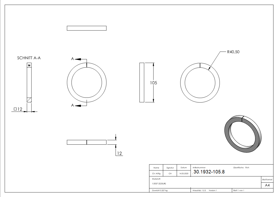 Ring - Material- 12x12 mm - Aussen-Ø 105 mm - Stahl S235JR- roh-30-1932-105.8