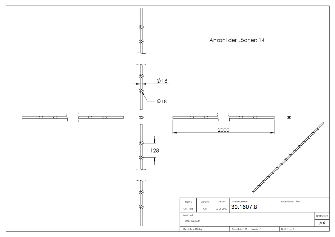 Lochleiste mit Rundloch Material- Ø 18 mm Laenge- 2000 mm Stahl -Roh- S235JR-30-1607.8