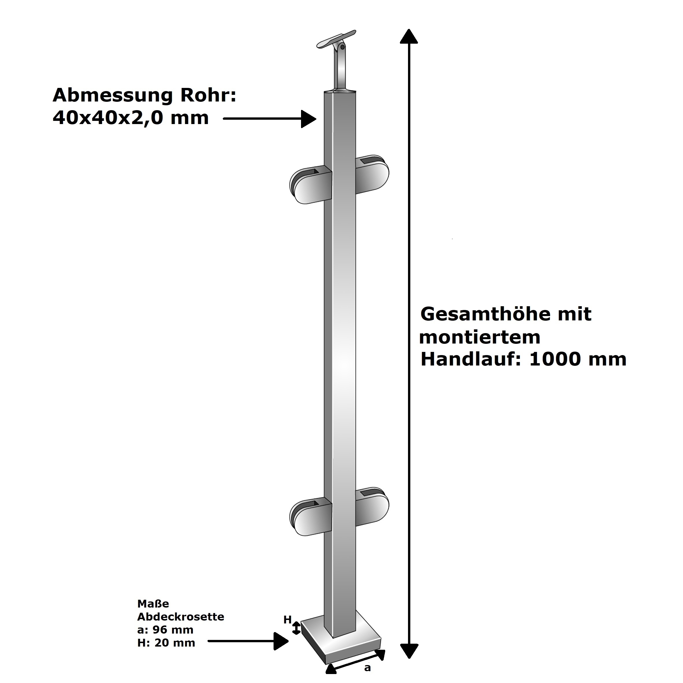 Vierkantpfosten Edelstahl AISI 304 40x40x2 mm 1000 mm Oberverankerung Glashalter 8-76 mm-14-0059EG-A.4