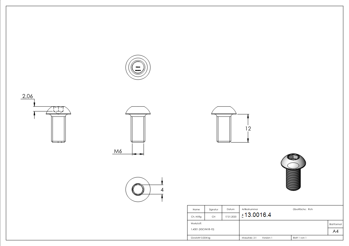 Rundkopfschraube M6x12 mm V2A-13-0016.4