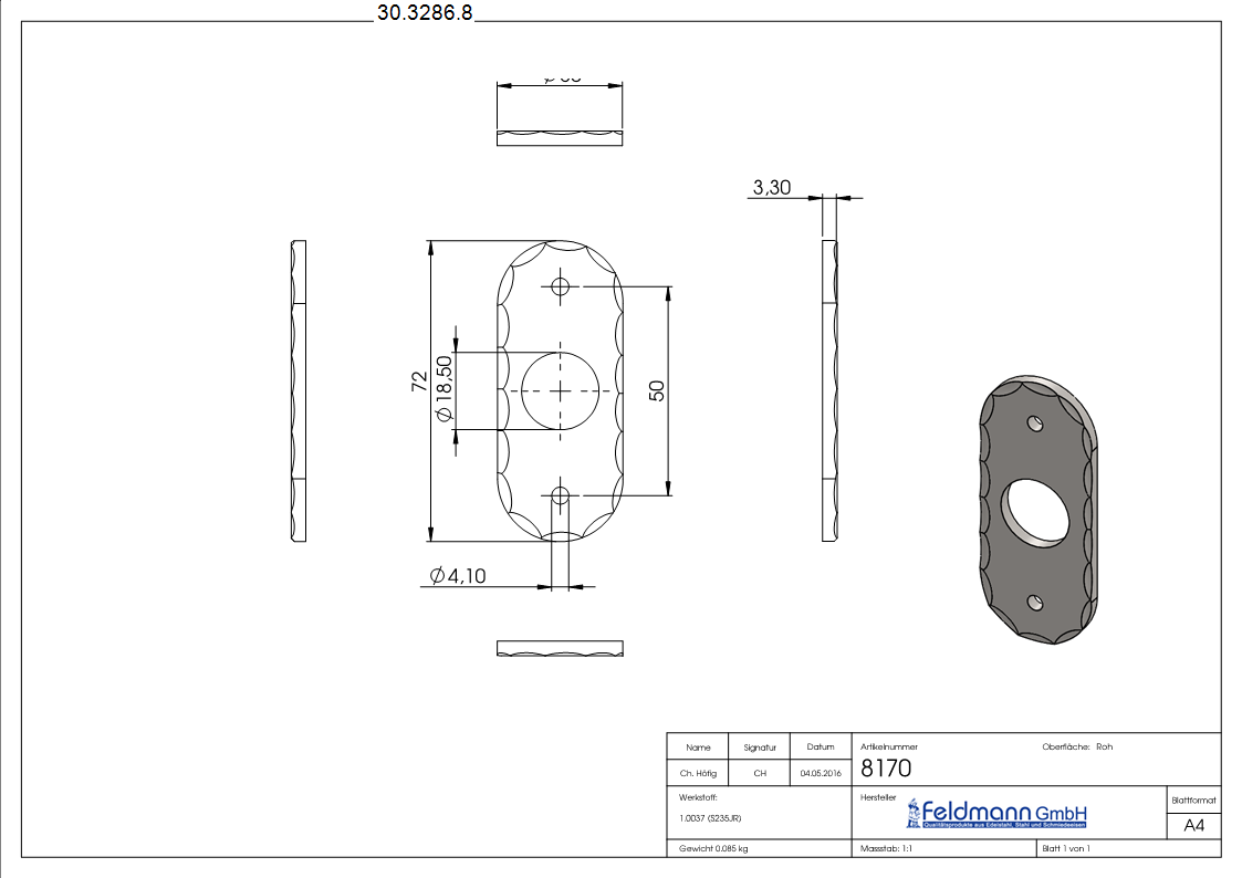 Rosette - Masse- 30x72x5 mm - Stahl S235JR- roh-30-3286.8