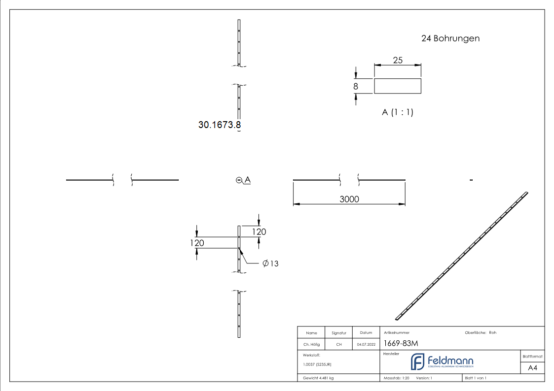 Flacheisen gelocht - Laenge- 3000 mm - 24 Lochungen - Stahl -Roh- S235JR-30-1673.8