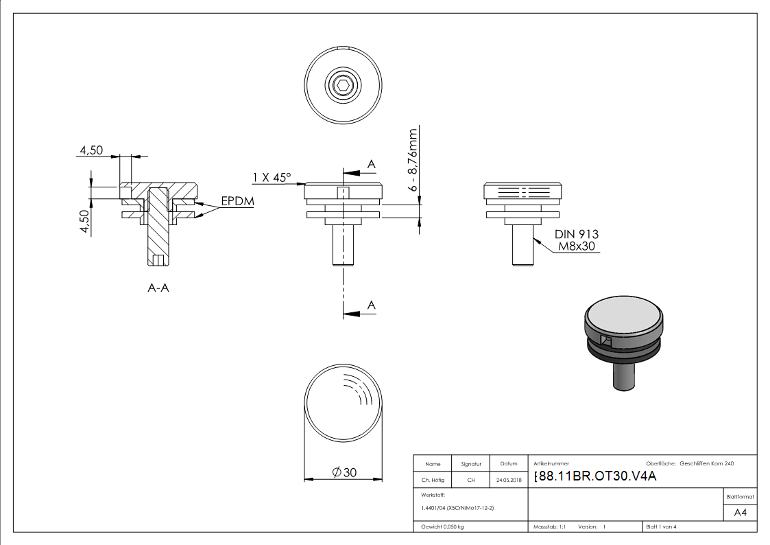 BRENK-fix® Oberteil Ø 30mm zu Glas-Halter- V4A-88-11BR-OT30.V4A