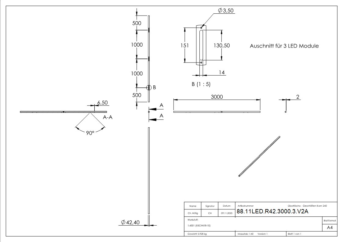 Edelstahlrohr V2A 42-4x2-0 mm 3000 mm mit 3 Ausschnitten fuer LED Module- geschliffen-88-11LED-R42-3000-3.V2A