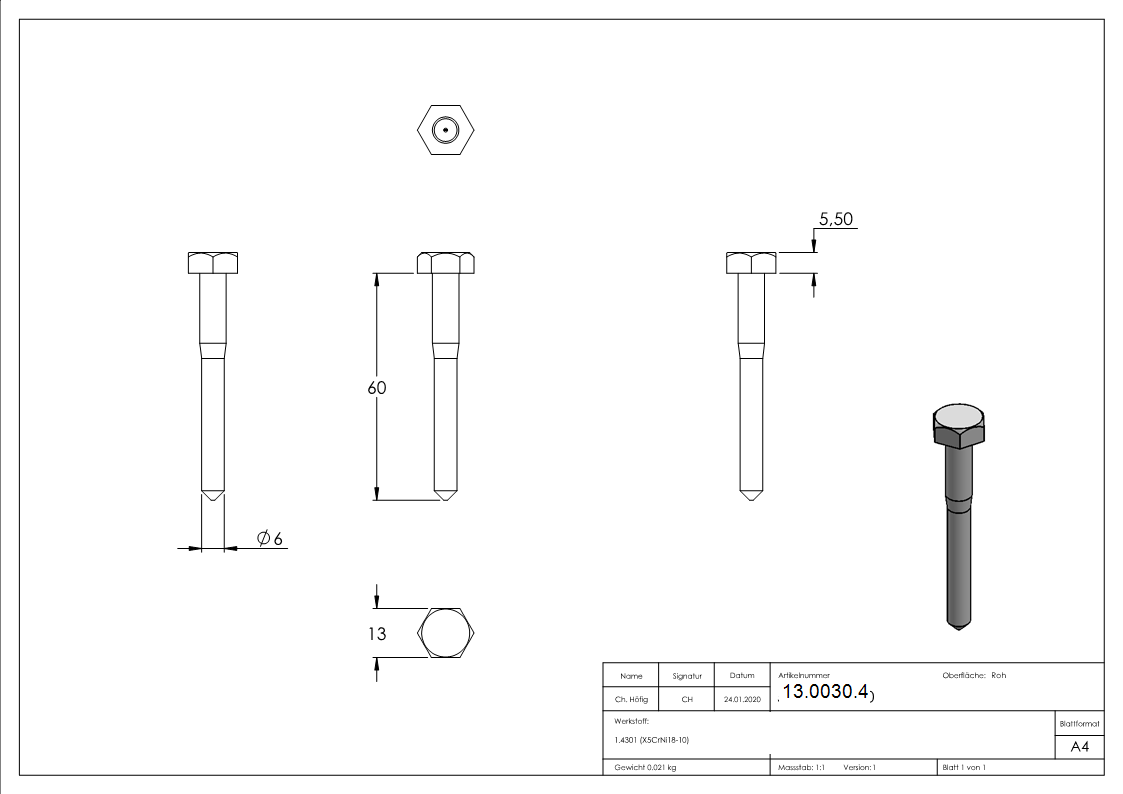 Sechskant-Holzschraube V2A Edelstahl 8 x 60 mm DIN 571-13-0030.4