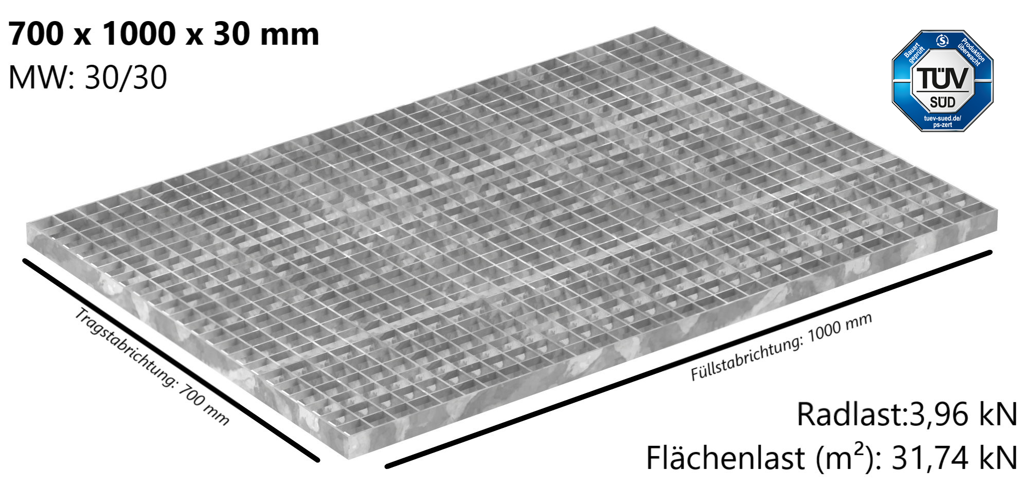 Industrie-Gitterrost - Masse- 700x1000x30 mm; MW 30-30 mm; 30-3 mm - S235JR -St37-2- im Vollbad feuerverzinkt-21-7010030303.7