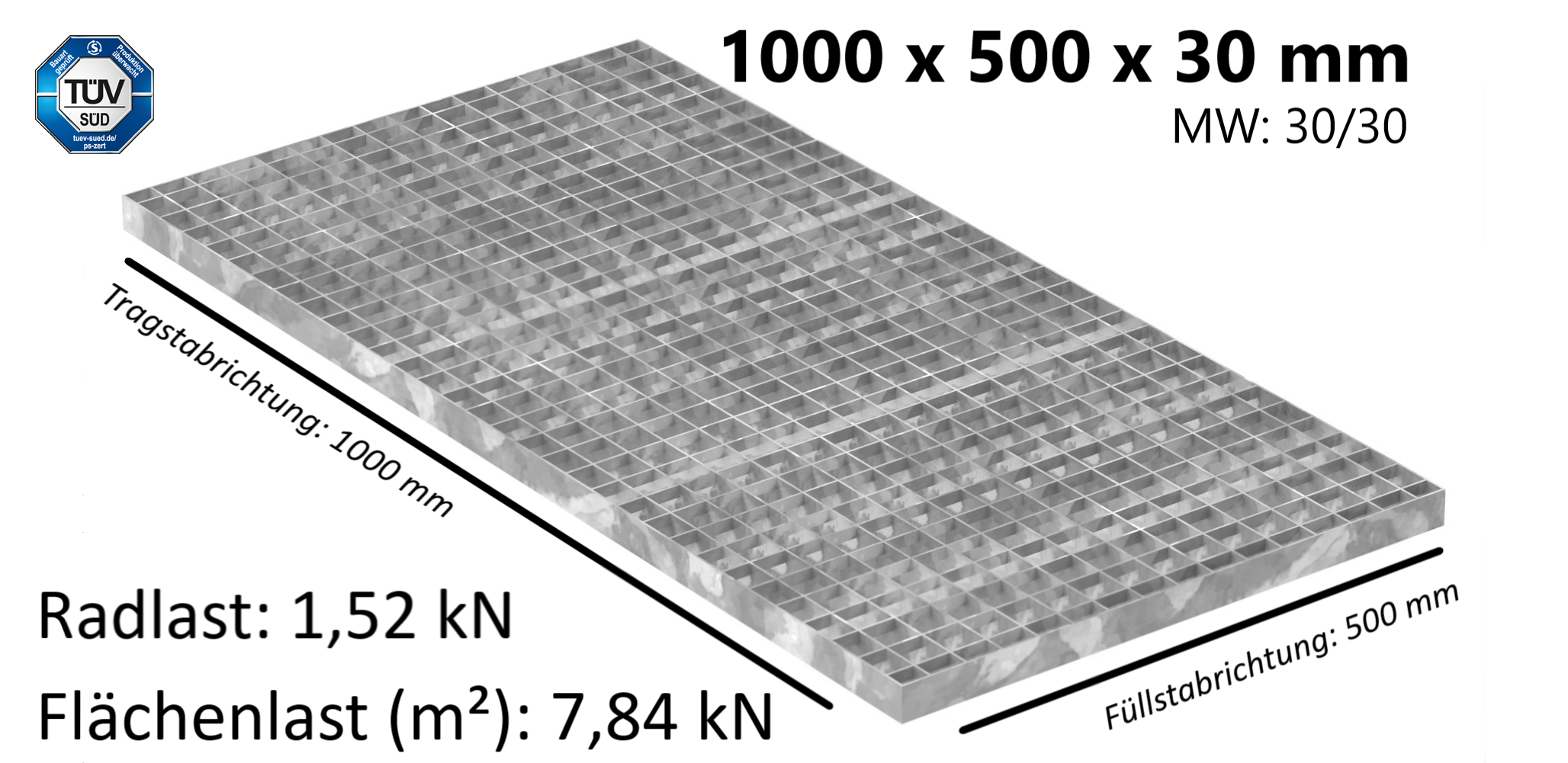 Industrie-Gitterrost - Masse- 1000x500x30 mm; 30-30 mm; 30-2 mm - S235JR -St37-2- im Vollbad feuerverzinkt-21-1005030302.7