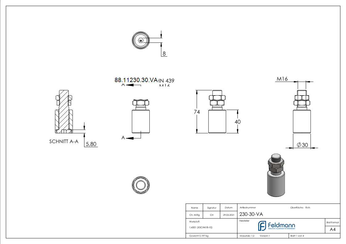Fuehrungsrolle- Ø 30mm- V2A-88-11230-30.VA