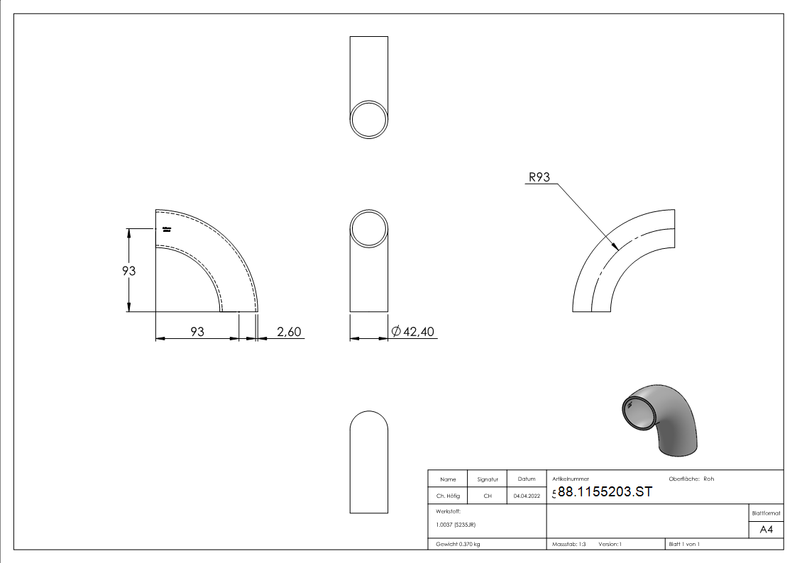 Rohrbogen 90° Stahl roh - 42-4 x 2-6 mm -1 ¼- - Bauart 5-88-1155203.ST