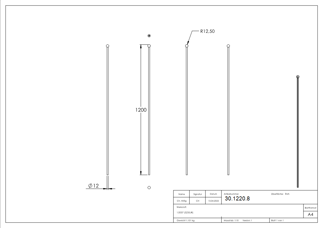 Zaunstab Laenge- 1200 mm Material Ø 12 mm - Kugel Ø 25 mm Stahl S235JR- roh-30-1220.8