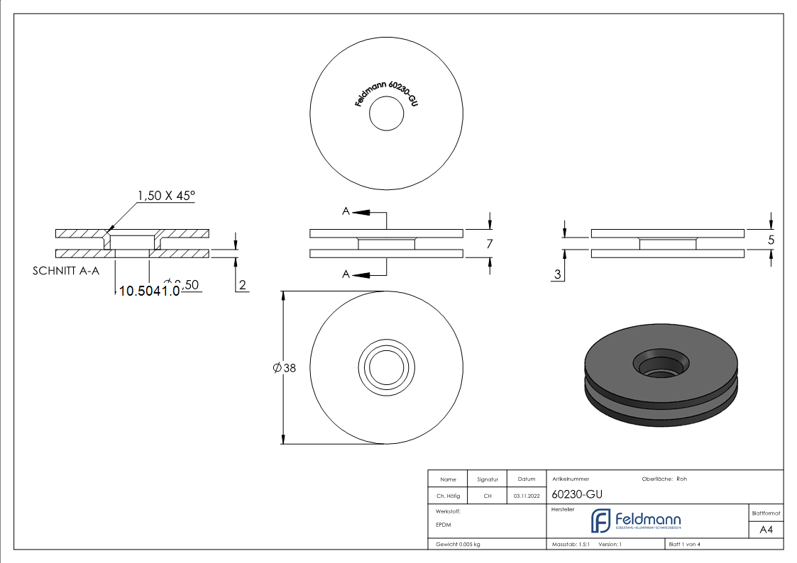 1 Paar Ersatzgummis fuer Glaspunkthalter Ø 40 mm – Gummieinlage - Dichtung-10-5041.0