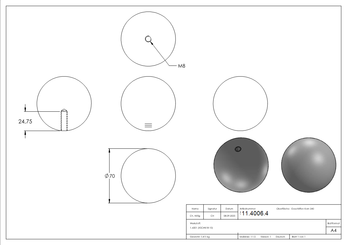 Vollkugel - Ø 70 mm - mit Gewinde M8 - V2A-11-4006.4
