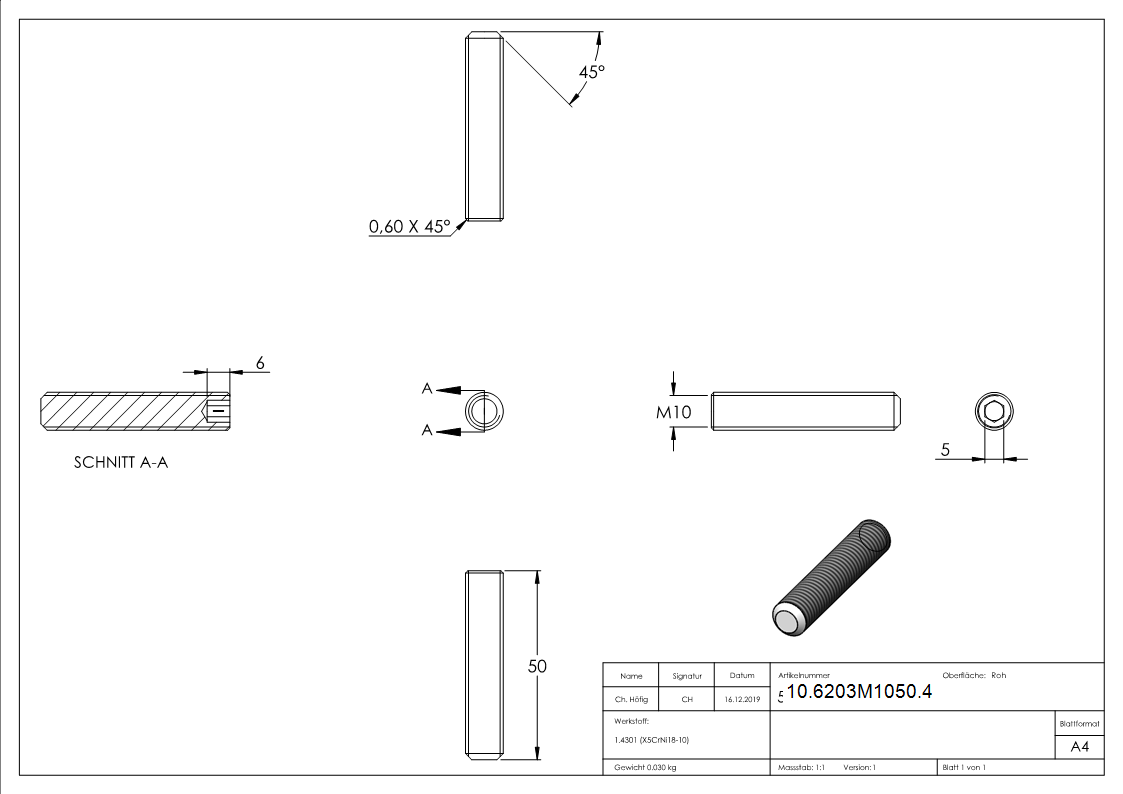 Gewindestift Edelstahl V2A M10x50 DIN 913 Kegelkuppe-10-6203M1050.4