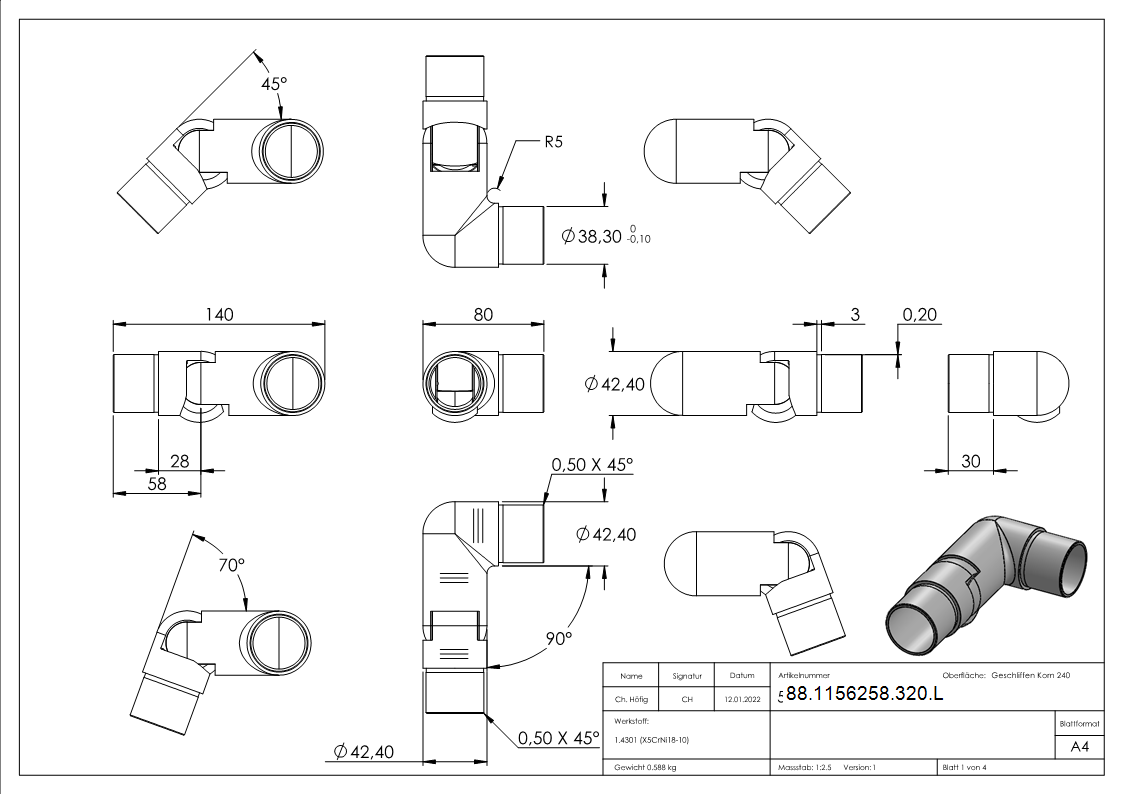 Gelenkstueck V2A fuer Rohr Ø 42-4 x 2-0 mm links geschliffen K240-88-1156258-320.L