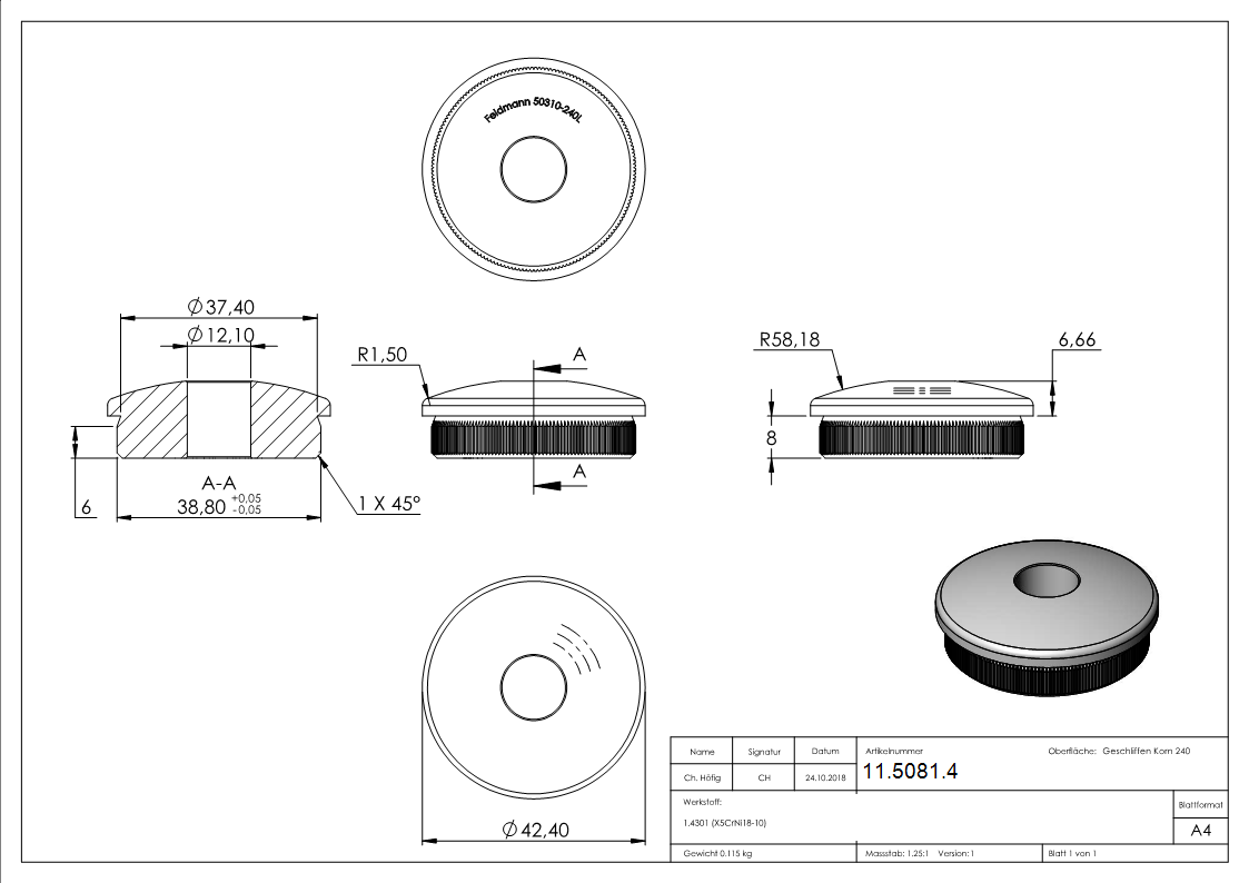 Rohrstopfen fuer Ø 42-4x2-0 mm leicht gewoelbt zum Einschlagen mit Bohrung 12-1 mm V2A-11-5081.4