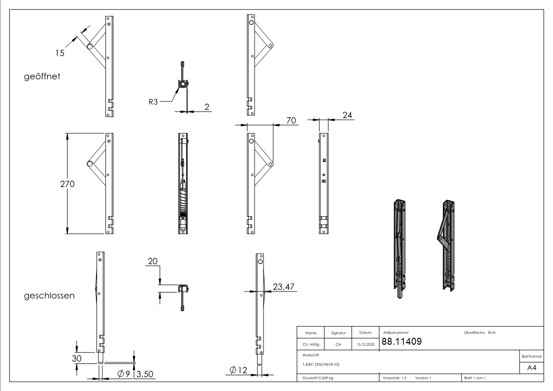 Torriegel Edelstahl V2A 200 mm mit Gelenk- Riegelbolzen Ø 10 mm-88.11409