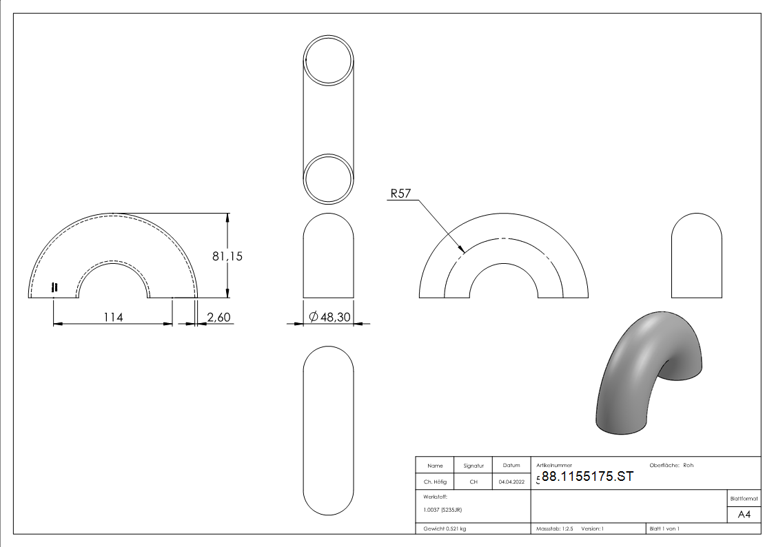Rohrbogen 180° Stahl roh - 48-3 x 2-6 mm -1 ½- - Bauart 3-88-1155175.ST