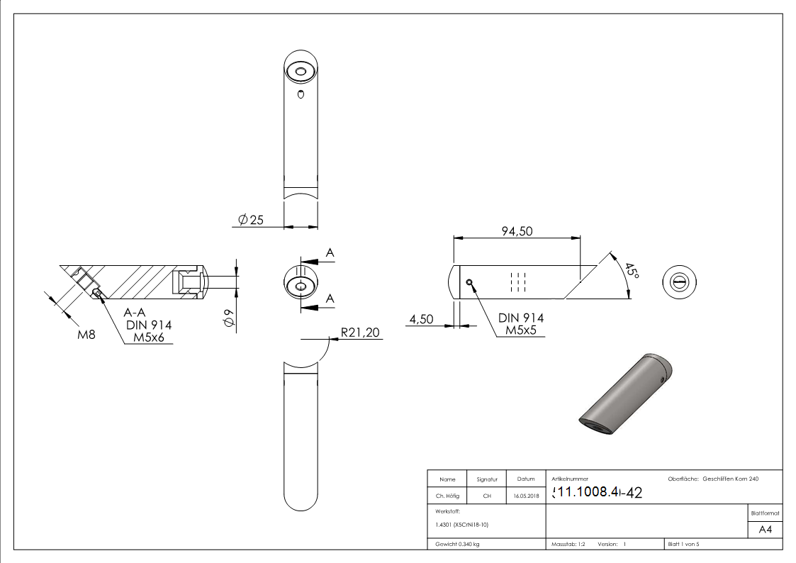 V2A Rohrabstandshalter 45° fuer Ø 42-4 mm-11-1008.4