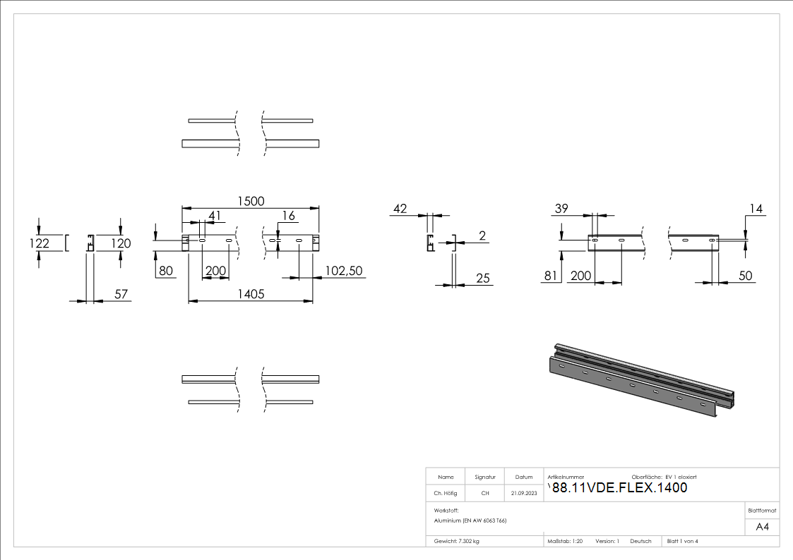 FLEX-MOUNT PRO Profil-Set fuer eleganza canopy Vordach 1400-88-11VDE-FLEX.1400