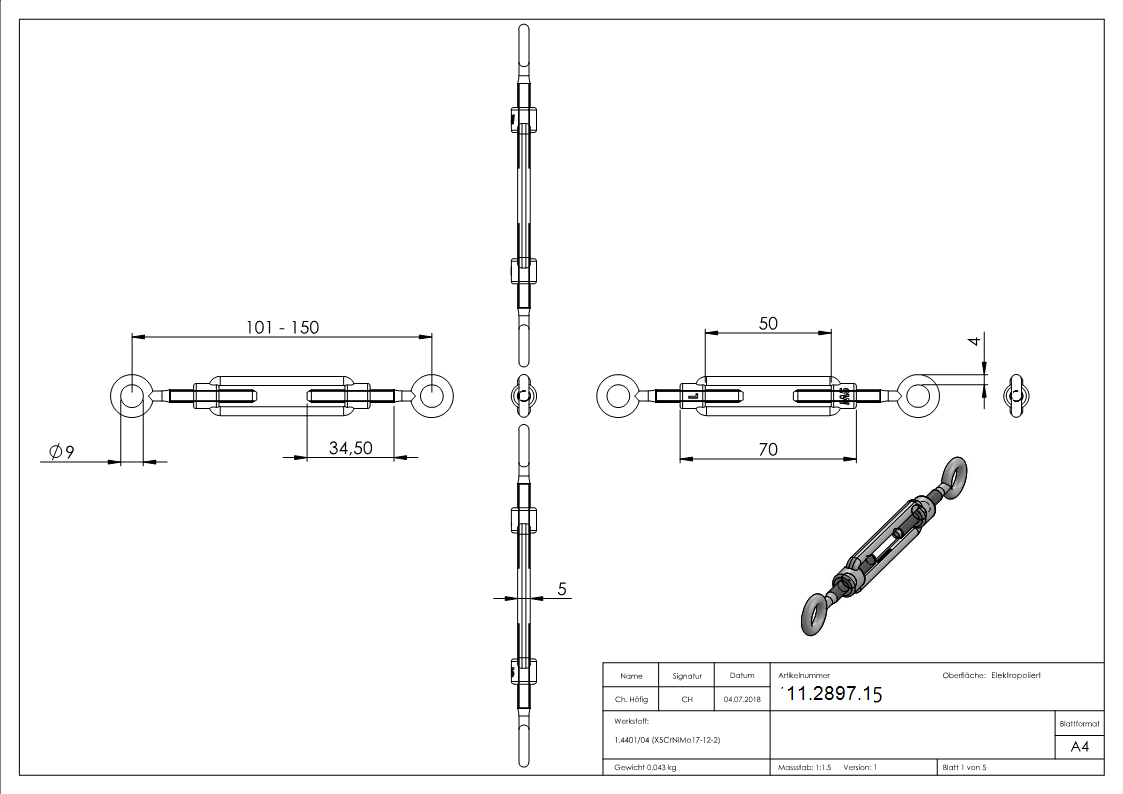 Spannschloss - M5 - Oese-Oese - mit Links-Rechtsgewinde - V4A-11-2897.1