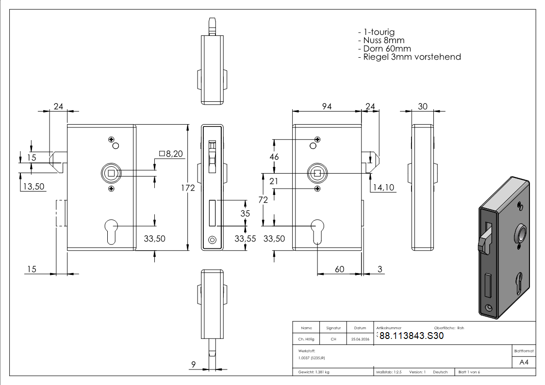 Kastenschloss Stahl verzinkt 30 x 94-5 x 172 mm mit Hakenschloss-88-113843.S30