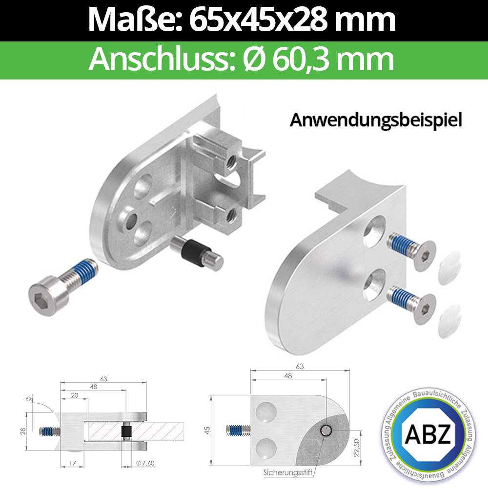 Glasklemme ABZ 65x45x28 mm Ø 60-3 mm- V4A - AISI 316 - 1-4401-04- fuer 10-00 mm ESG Glas- Sicherungsstift -Bohrung 12 mm-10-MODELL32-60-2-10.3