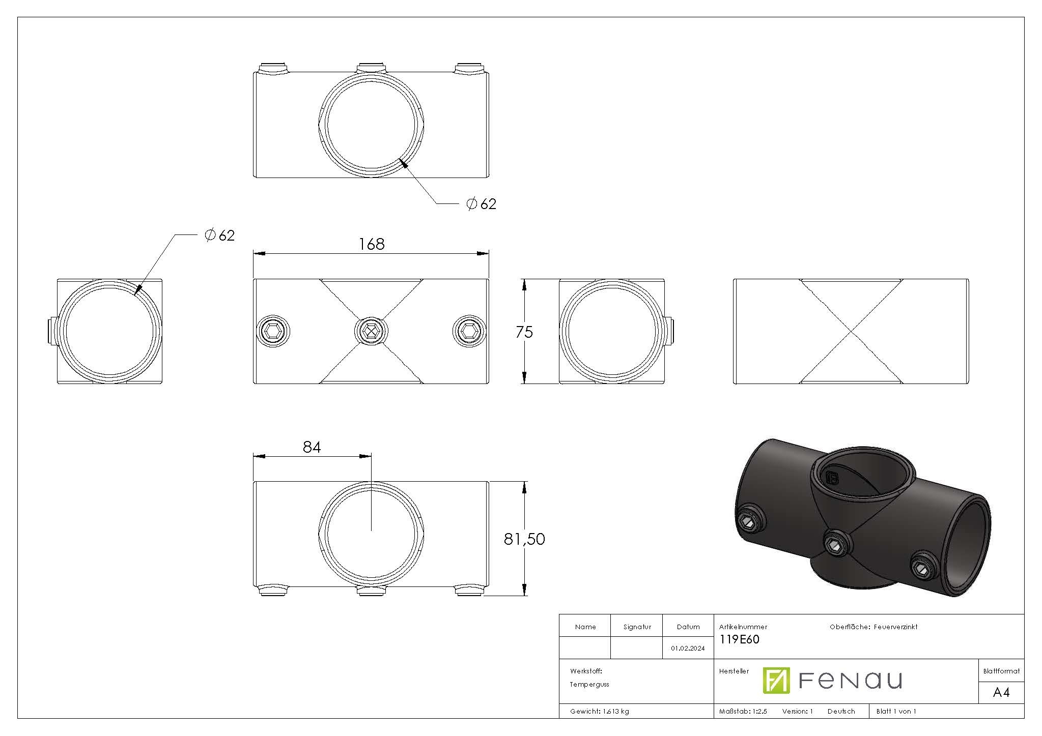 Rohrverbinder - Kreuzstueck durchgehend - 119E60 - 60-3 mm - 2- - Feuerverzinkt u. Elektrogalvanisiert-119E60