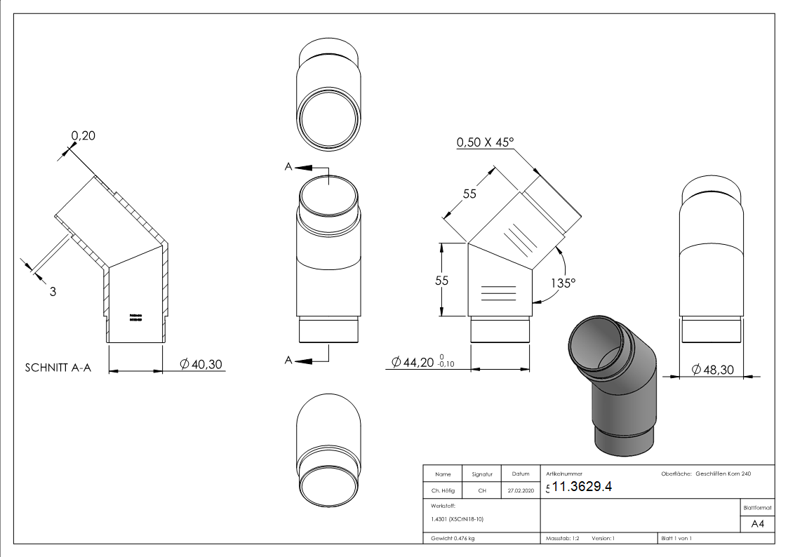 Eckbogen V2A 48-3 x 2-0 mm 135° steckbar-11-3629.4
