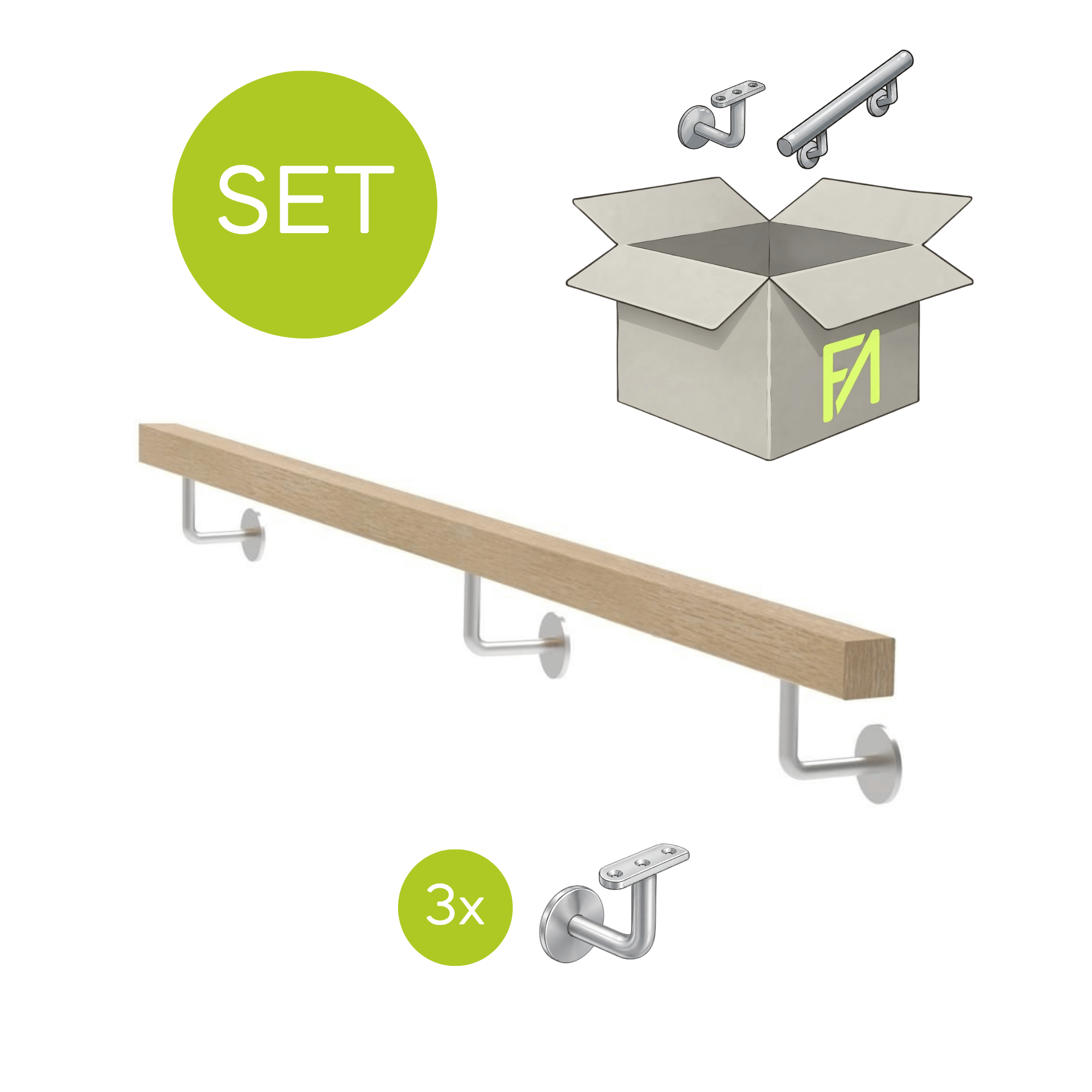 Handlauf Set Eiche Edelstahl 40 x 40 mm 2000 mm lang quadratisch unbehandelt-89-11WDJPM2000-A.4