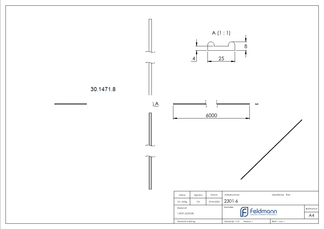 Hespeneisen 25x8x4 mm Profilstahl 6000mm S235JR Langmaterial-30-1471.8