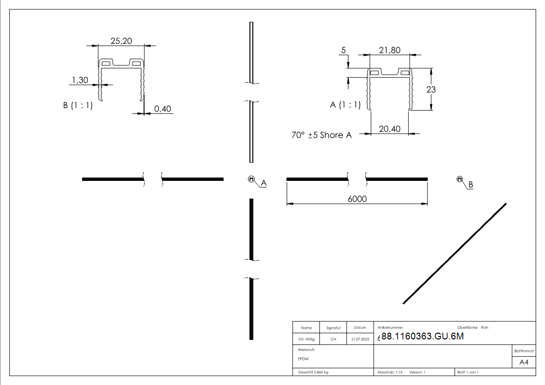 Keildichtung EPDM fuer Glas 20-76–21-52 mm- Nut 24x24 mm- L = 6000 mm-88-1160363-GU.6M