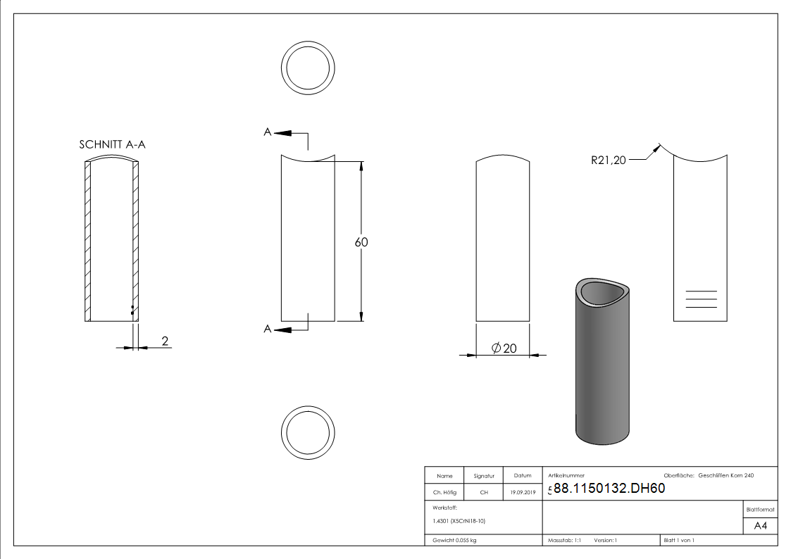 Distanzhuelse Edelstahl V2A L = 60 mm fuer Rohr Ø 42-4 mm einseitig ausgefraest-88-1150132.DH60