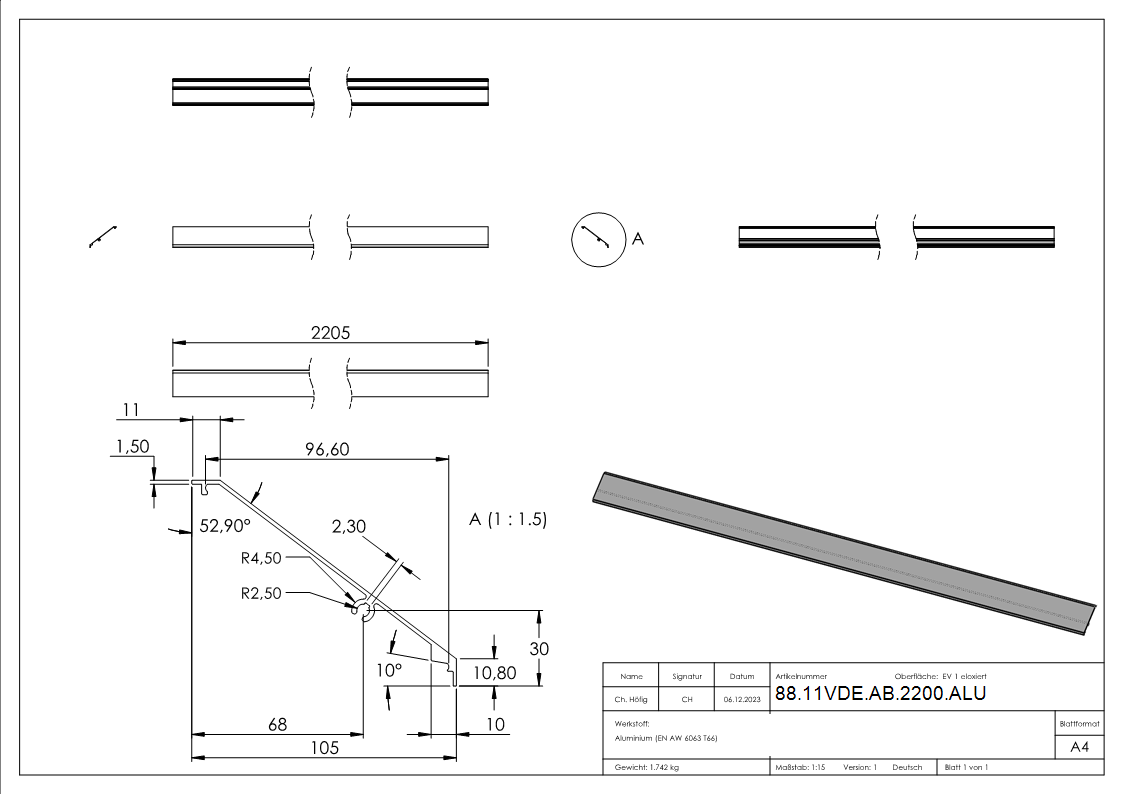 Vordachabdeckung Aluminium L = 2205 mm eloxiert E4-EV1-88-11VDE-AB-2200.ALU