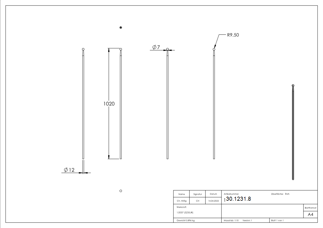 Zaunstab Laenge- 1020 mm Material Ø 12 mm - Kugel Ø 19 mm Stahl S235JR- roh-30-1231.8