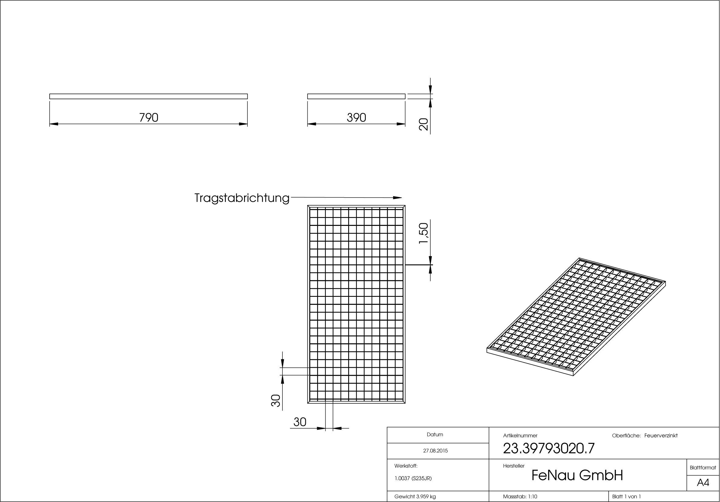 Lichtschachtrost Baunormrost - Masse-  390x790x20 mm 30-30 mm - aus S235JR -St37-2- im Vollbad feuerverzinkt-23-39793020.7