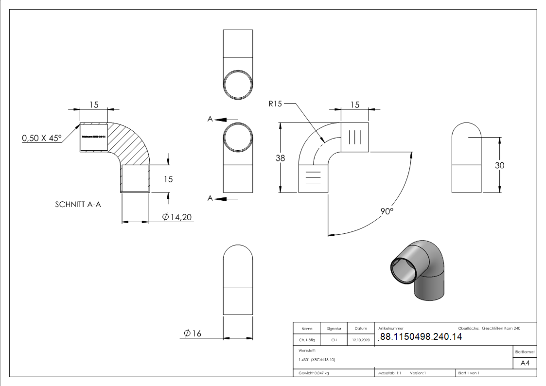Rundstabbogen V2A Ø 14 mm 90° zum Kleben-88-1150498-240.14