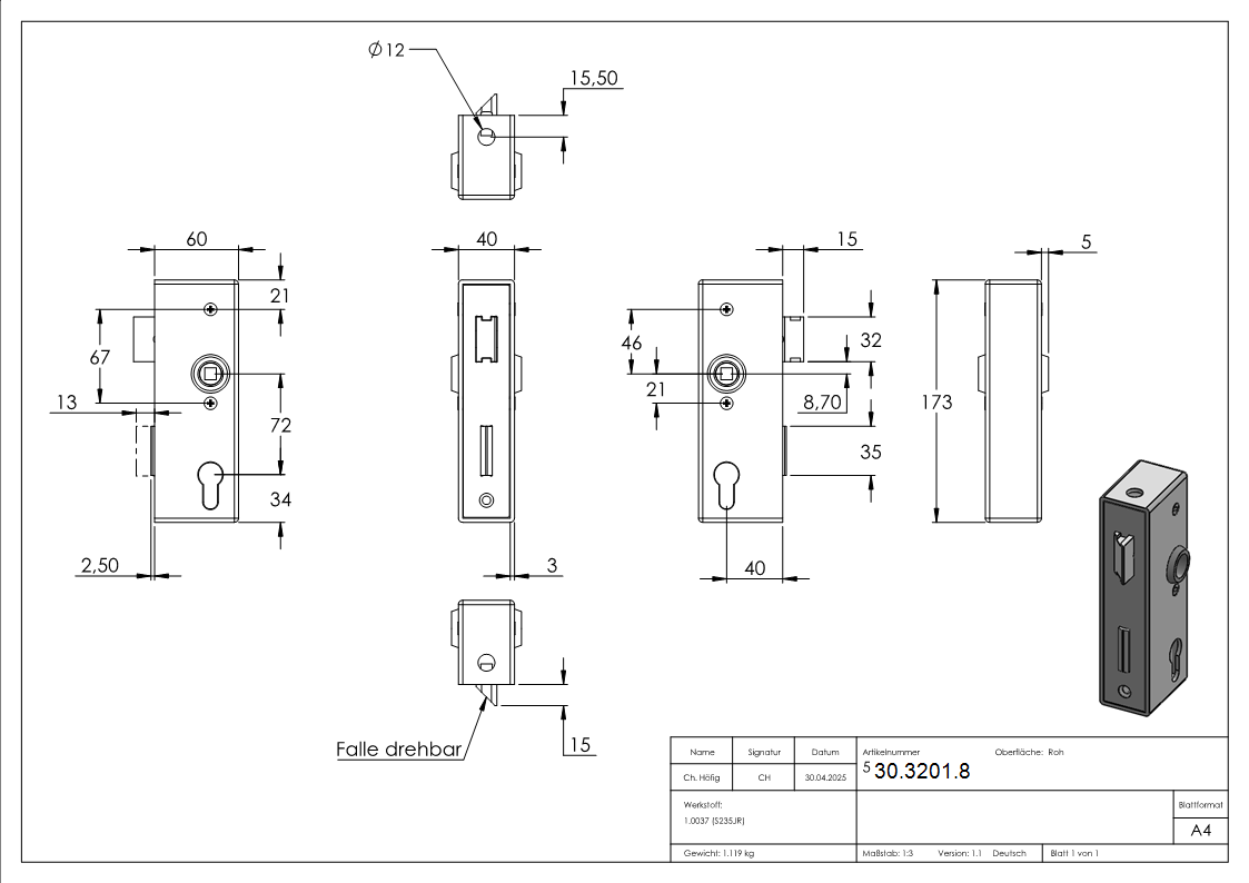 Schlosskasten - Masse- 173x60x40 mm - Dorn- 40 mm - Stahl -roh- S235 JR-30-3201.8