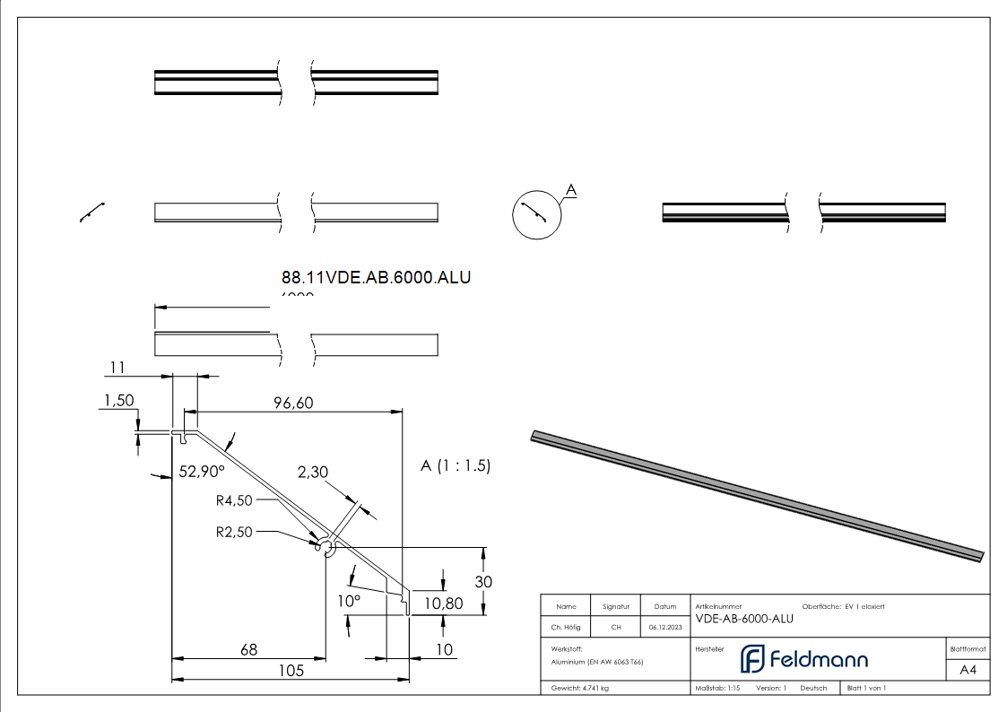 Design-Abdeckung fuer eleganza canopy- L=6000mm- Aluminium E4-EV1-88-11VDE-AB-6000.ALU