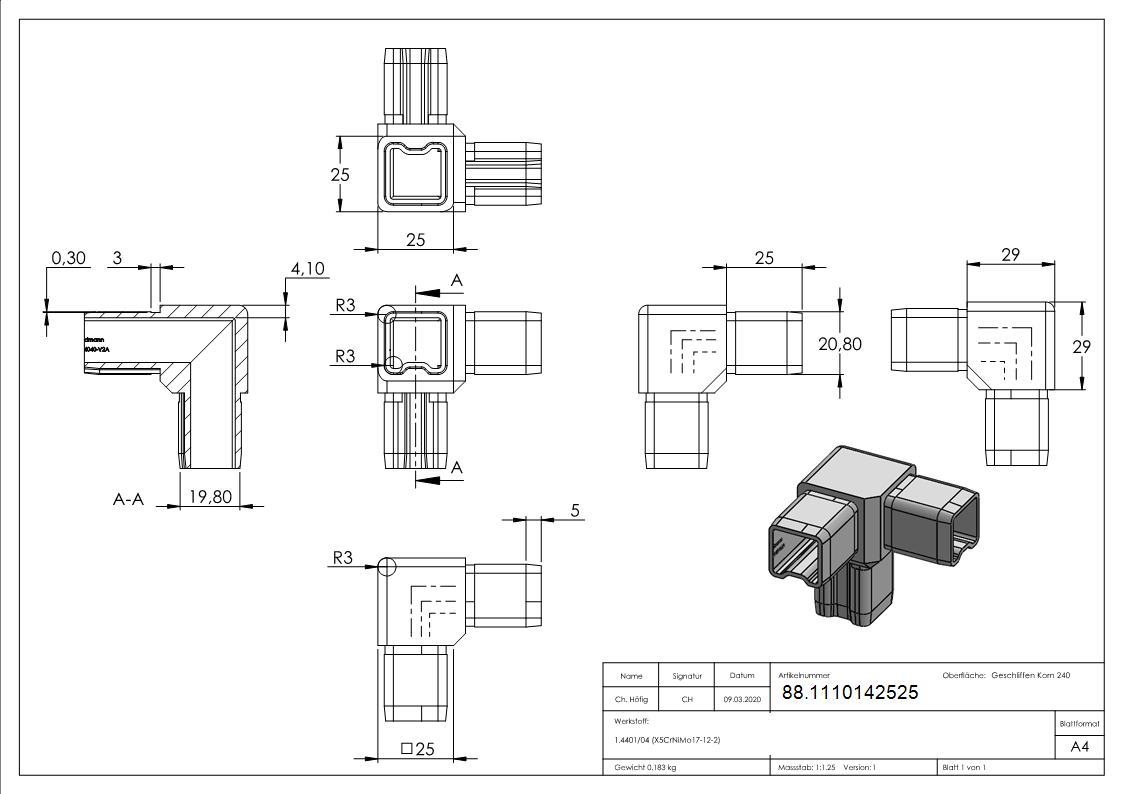 Steck-Eckverbinder V4A fuer Vierkantrohr 25 x 25 x 2 mm 3-Wege-88.1110142525