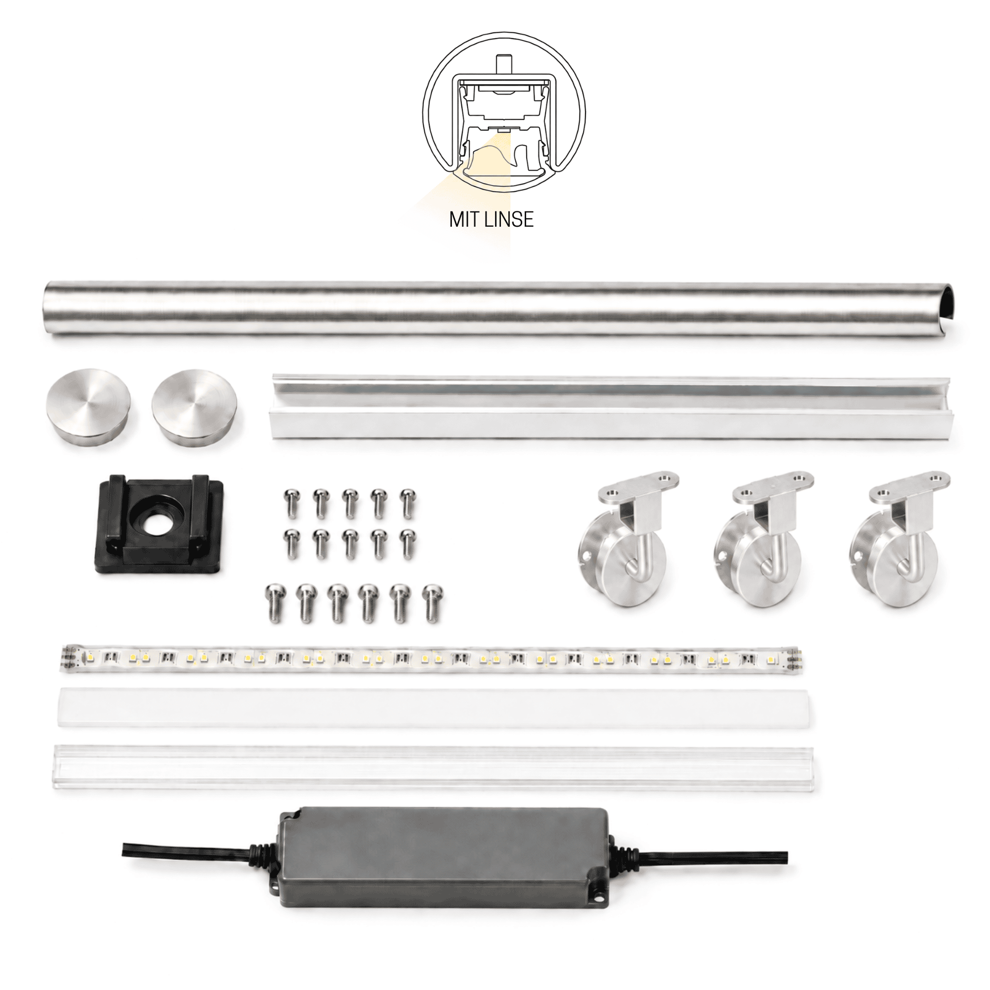 LED Handlauf Komplettset fuer durchgaengig Beleuchtung- Edelstahl V2A- 2 Meter- Warmweiss 2700 K- System mit Linse-88-11LED-LUNORA-WW.L1