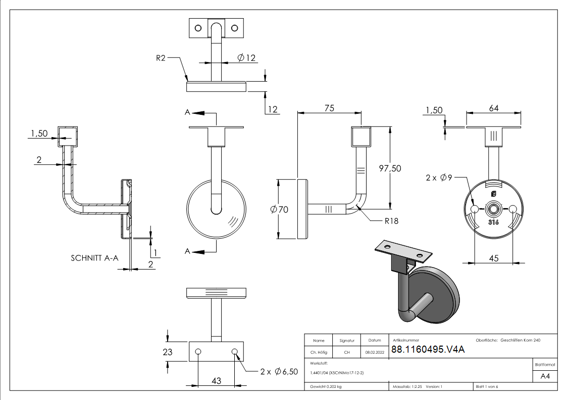Handlaufhalter V4A fuer Nut 24x24mm fuer LED Handlauf- verschweisst-88-1160495.V4A