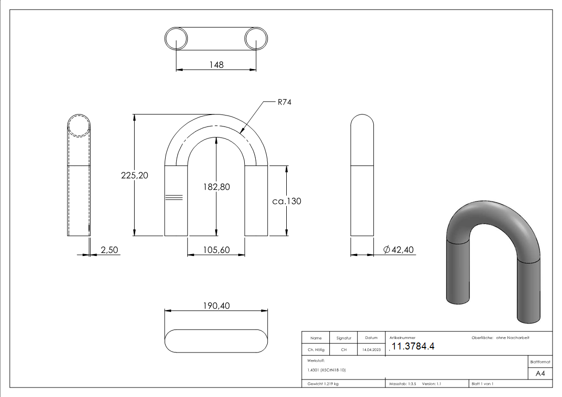 Bogen 180° zum Schweissen aus Rundrohr- Ø 42-4x2-6 mm V2A-11-3784.4