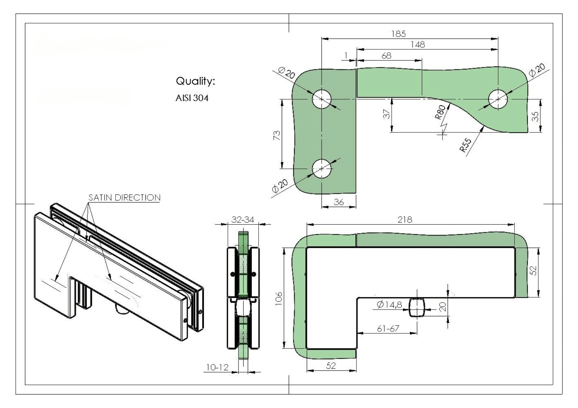 Edelstahl Eckzapfenbeschlag fuer Glastuer -10-12mm- Seiten-Oberlicht- geschliffen-89-11GS304ZP808S-A.4